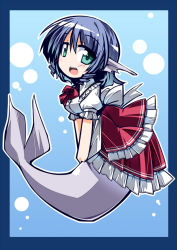 Rule 34 | 1girl, alternate costume, blue hair, blush, fins, green eyes, head fins, hemogurobin a1c, looking at viewer, mermaid, monster girl, open mouth, short hair, solo, touhou, wakasagihime