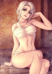 Rule 34 | 1girl, bandages, bandeau, bare arms, bare shoulders, breasts, chest sarashi, ciri, cleavage, collarbone, commentary, feet out of frame, grey eyes, hand up, head tilt, highres, indoors, jellypon, large breasts, midriff, navel, panties, purple lips, sarashi, scar, scar on arm, scar on leg, short hair, sidelocks, sitting, solo, steam, stomach, the witcher (series), the witcher 3, underwear, white hair, white panties