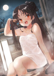 Rule 34 | 1girl, black hair, blush, collarbone, fang, feet out of frame, full body, highres, kantai collection, long hair, looking at viewer, naked towel, nisshin (kancolle), onsen, open mouth, orange eyes, short eyebrows, sidelocks, sitting, smile, soaking feet, solo, toka (marchlizard), towel, very long hair, water