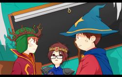 Rule 34 | 3boys, brown eyes, brown hair, cape, douchebag (south park), eric cartman, fur hat, glasses, gloves, green eyes, hat, kyle broflovski, male focus, multiple boys, red hair, short hair, south park, south park: the stick of truth, ushanka, witch hat