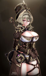 Rule 34 | 1girl, absurdres, artist name, breasts, brown background, brown gloves, brown jacket, brown shorts, cleavage, closed mouth, gloves, green eyes, green hair, hat, headband, highres, honkai (series), honkai impact 3rd, jacket, large breasts, long hair, long sleeves, looking at viewer, mea (manami030), shorts, smile, solo, top hat, vill-v