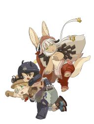 Rule 34 | 1boy, 1girl, 1other, animal ears, blonde hair, brown hair, furry, green eyes, highres, kawasemi27, made in abyss, mechanical arms, nanachi (made in abyss), regu (made in abyss), riko (made in abyss), single mechanical arm, tail, white background, white hair, yellow eyes