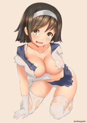 Rule 34 | 10s, 1girl, alternate breast size, arm support, black hair, blush, breast hold, breasts, brown eyes, collarbone, embarrassed, full body, gloves, hairband, highres, kantai collection, kneeling, large breasts, looking at viewer, okuto (zwindhwingf), open mouth, panties, pleated skirt, school uniform, serafuku, shirt, short hair, short sleeves, simple background, skirt, solo, tanikaze (kancolle), tears, thighhighs, torn clothes, torn shirt, torn skirt, torn thighhighs, underwear, wavy mouth, white gloves, white panties, white thighhighs
