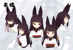 Rule 34 | &gt;:/, + +, 1girl, animal ears, azur lane, black hair, blunt bangs, chinese commentary, commentary request, cropped torso, drooling, expressions, from side, highres, japanese clothes, jong tu, long hair, looking at viewer, looking away, multiple views, nagato (azur lane), nagato (azur lane) (old design), profile, red eyes, sparkle, upper body, v-shaped eyebrows, zoom layer