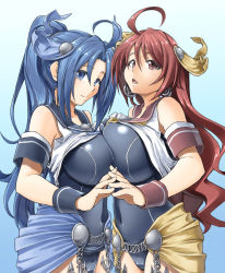 Rule 34 | ahoge, alto-00, anchor, asymmetrical docking, bare shoulders, blue eyes, blue hair, blue one-piece swimsuit, blue sailor collar, breast press, breasts, chain, closed mouth, clothes lift, earrings, hair between eyes, headgear, highres, jewelry, large breasts, looking at viewer, magicami, ohtori aka, ohtori ao, one-piece swimsuit, open mouth, parted bangs, ponytail, red eyes, red hair, red sailor collar, sailor collar, shirt, shirt lift, siblings, sleeveless, sleeveless shirt, smile, swimsuit, wrist cuffs