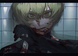 Rule 34 | 1boy, black coat, black gloves, black shirt, blonde hair, blood, blood on clothes, blood on face, coat, gloves, limbus company, looking at viewer, parted lips, portrait, project moon, satome setsuko, shirt, sinclair (project moon), solo, tile wall, tiles, wiping blood, yellow eyes