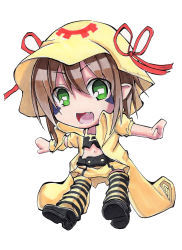 Rule 34 | 1girl, :d, absurdres, brown hair, chibi, cototiworld, facepaint, fang, green eyes, highres, loose socks, marker (medium), merry nightmare, midriff, navel, open mouth, simple background, smile, socks, solo, striped clothes, striped socks, traditional media, yumekui merry