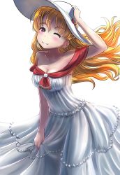 Rule 34 | 10s, 1girl, adapted costume, ao iro, bare shoulders, blush, breasts, cleavage, dress, hand on headwear, hat, highres, holding, holding clothes, holding hat, kantai collection, long hair, off-shoulder dress, off shoulder, one eye closed, orange hair, purple eyes, smile, solo, sun hat, sundress, wavy hair, white background, zara (kancolle)