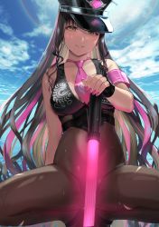 Rule 34 | 1girl, bare shoulders, beach, bikini, black bikini, black gloves, black hair, black hat, blue sky, blush, bodystocking, breasts, cleavage, day, facial mark, fate/grand order, fate (series), fingerless gloves, forehead mark, gloves, halterneck, hat, highres, large breasts, long hair, looking at viewer, multicolored hair, nail polish, necktie, ocean, parted bangs, pink hair, pink necktie, police hat, ponytail, sakamuke, sessyoin kiara, sessyoin kiara (swimsuit mooncancer), sessyoin kiara (swimsuit mooncancer) (second ascension), sky, smile, solo, streaked hair, swimsuit, thighs, traffic baton, very long hair, yellow eyes