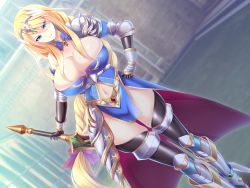 Rule 34 | 1girl, armor, armored boots, blonde hair, blurry, blurry background, boots, braid, breasts, chikubi (artist), cleavage, closed mouth, clothing cutout, crown, detached collar, diana (ingoku no himekishi shimai), dutch angle, female focus, female knight, floating hair, full body, game cg, gauntlets, green eyes, groin, hair between eyes, hair ribbon, hand on hilt, hand on own hip, holding, holding sword, holding weapon, huge breasts, indoors, ingoku no himekishi shimai: orc no kachiku naedoko, knight, long braid, long hair, looking at viewer, low-tied long hair, navel, navel cutout, original, pelvic curtain, ribbon, serious, shoulder armor, single braid, solo, standing, sword, thighhighs, very long hair, weapon, zion (company)