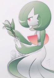Rule 34 | 1girl, artist name, bob cut, bottle, bright pupils, closed mouth, colored eyelashes, colored skin, creatures (company), female focus, flat chest, flower, game freak, gardevoir, gen 3 pokemon, glass, green hair, green skin, grey background, half-closed eyes, hands up, holding, holding bottle, holding flower, knees together feet apart, lily of the valley, looking down, lotosu, multicolored skin, nintendo, pokemon, pokemon (creature), profile, red eyes, short hair, signature, simple background, sitting, solo, sweat, two-tone skin, white flower, white pupils, white skin