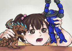 Rule 34 | 1girl, action figure, barga (edf), brown hair, child, earth defense force, earth defense force 5, erginus, female focus, kaijuu, mecha, robot, toy, twintails