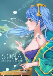 Rule 34 | 1girl, absurdres, aqua hair, bare shoulders, blue background, blue eyes, blue hair, breasts, cleavage, collarbone, from side, gradient hair, green eyes, highres, instrument, large breasts, league of legends, long hair, matching hair/eyes, multicolored hair, open mouth, profile, solo, sona (league of legends), twintails, upper body, very long hair, zoey eidola