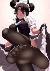 Rule 34 | 1girl, agent (girls&#039; frontline), black hair, clothes lift, commission, double bun, feet, girls&#039; frontline, hair bun, highres, long hair, looking at viewer, maid, pixiv commission, see-through, see-through legwear, skirt, skirt lift, soles, thighhighs, toes, yellow eyes