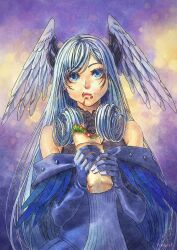 Rule 34 | 1girl, blue eyes, burrito, curly hair, dress, eating, elbow gloves, feathered wings, food, food on face, gloves, grey hair, head wings, highres, long hair, looking to the side, melia antiqua, solo, upper body, very long hair, vvbert, wings, xenoblade chronicles (series), xenoblade chronicles 3