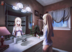 Rule 34 | 1girl, anna o renko, bathroom, blonde hair, breasts, from behind, highres, holding, lamp, light, long hair, looking at mirror, making-of available, messy hair, mirror, panties, photo (medium), photo background, plant, potted plant, red eyes, sakura-sou no pet na kanojo, shiina mashiro, shirt, sink, solo, standing, toothbrush, toothpaste, towel, underwear, upper body, vase, water, watermark, wet, wet clothes, wet shirt, window