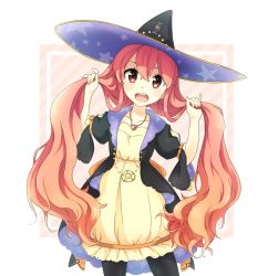 Rule 34 | 10s, 1girl, aki inu, atelier (series), atelier escha &amp; logy, black pantyhose, bunching hair, female focus, hat, holding, holding own hair, jewelry, long hair, looking at viewer, necklace, pantyhose, pink hair, print headwear, red eyes, skirt, smile, solo, star (symbol), star print, wilbell voll-ersleid, witch hat, yellow skirt