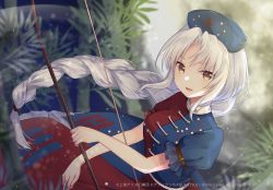 Rule 34 | 1girl, arrow (projectile), asymmetrical clothes, bagua, bamboo, bamboo forest, bow (weapon), braid, braided ponytail, constellation print, copyright notice, dress, forest, frilled dress, frills, gomano rio, hat, highres, long hair, looking at viewer, looking to the side, moon, nature, nurse cap, open mouth, puffy short sleeves, puffy sleeves, short sleeves, silver hair, solo, touhou, touhou danmaku kagura, trigram, weapon, yagokoro eirin, yellow eyes