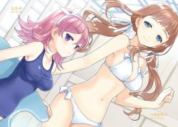 Rule 34 | 2girls, bikini, blue eyes, breasts, brown hair, frown, hamashima shigeo, kotabe sakurako, mori nagomi, multiple girls, navel, oyogimasen., pink hair, purple eyes, ribbon, school swimsuit, swimsuit, twintails