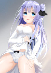Rule 34 | 1girl, azur lane, bare shoulders, black bow, black ribbon, blue eyes, blush, bow, bow panties, breasts, cameltoe, clothes lift, commentary request, detached sleeves, dress, dress lift, grey panties, hair bun, hair ribbon, kogyokuapple, lifting own clothes, long hair, long sleeves, looking at viewer, medium breasts, one side up, panties, parted lips, purple hair, ribbon, side bun, single hair bun, single side bun, solo, strapless, strapless dress, underwear, unicorn (azur lane), very long hair, white dress
