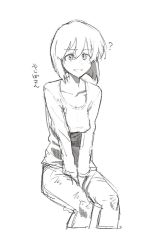 Rule 34 | 1girl, breasts, character request, commentary request, denim, greyscale, highres, jeans, kotoyama, looking at viewer, monochrome, pants, short hair, simple background, solo, white background