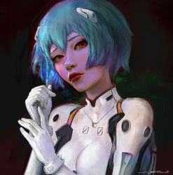 Rule 34 | 1girl, ayanami rei, blue hair, breasts, dark background, gloves, highres, lipstick, looking at viewer, makeup, neon genesis evangelion, oliver wetter, plugsuit, red eyes, red lips, solo, white gloves