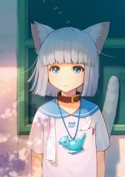 Rule 34 | 1girl, abiko yuuji, animal ears, arms at sides, blue eyes, blunt bangs, bob cut, brown collar, cat ears, cat girl, cat tail, closed mouth, collar, commentary request, frown, grey eyes, grey shirt, highres, jewelry, looking at viewer, necklace, original, sailor collar, school uniform, serafuku, shirt, short hair, short sleeves, silver hair, solo, tail, tail raised, upper body