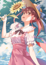 Rule 34 | 1girl, :d, bad id, bad pixiv id, black neckwear, bow, brown eyes, cloud, day, flower, frilled shirt collar, frilled sleeves, frills, hat, hat bow, hat ribbon, highres, holding, holding flower, koh rd, looking at viewer, open mouth, original, overall skirt, petals, photoshop (medium), pink skirt, red hair, ribbon, shirt, sidelocks, skirt, sky, smile, solo, sun hat, sunflower, twintails, white shirt