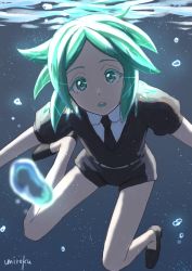 Rule 34 | afloat, androgynous, bad id, bad pixiv id, black footwear, black necktie, black shirt, black shorts, blouse, bubble, collared shirt, commentary request, gender request, green eyes, green hair, houseki no kuni, looking at viewer, necktie, no socks, parted bangs, parted lips, phosphophyllite, shirt, short shorts, short sleeves, shorts, signature, solo, submerged, umiroku, underwater, white shirt