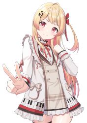 Rule 34 | 1girl, ahoge, blonde hair, blush, brown dress, dress, fortissimo, hair ornament, hair ribbon, highres, hololive, hololive dev is, jacket, long hair, looking at viewer, musical note, musical note hair ornament, one side up, otonose kanade, red eyes, red ribbon, ribbon, smile, solo, thighhighs, thighs, v, vakuuberi, virtual youtuber, white background, white jacket, zettai ryouiki