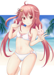 Rule 34 | 1girl, ahoge, beach, bikini, blue sky, rabbit hair ornament, cloud, cowboy shot, crescent, crescent hair ornament, day, drill hair, flat chest, hair between eyes, hair ornament, highres, kantai collection, long hair, looking at viewer, low twintails, minakami mimimi, navel, outdoors, red eyes, red hair, sky, solo, swimsuit, twin drills, twintails, uzuki (kancolle), v, white bikini