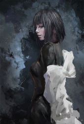 Rule 34 | 1girl, artist name, black hair, cowboy shot, faux traditional media, fubuki (one-punch man), highres, kevin chandra, lips, looking to the side, nose, one-punch man, portrait, short hair, signature, solo, upper body