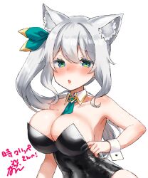 Rule 34 | 1girl, :o, animal ear fluff, animal ears, bare arms, bare shoulders, black leotard, blush, bow, breasts, cat ears, cleavage, commentary request, commission, covered navel, detached collar, frown, gold trim, green bow, green eyes, green necktie, grey hair, hair between eyes, hair bow, hand on own chest, highres, hizuki miu, hoshizono kanon (artist), large breasts, leotard, long hair, necktie, nose blush, playboy bunny, side ponytail, sidelocks, solo, strapless, strapless leotard, translation request, triangle brooch, upper body, virtual youtuber, wactor production, white background, white hair, wing collar, wrist cuffs