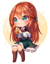 Rule 34 | 1girl, artist name, black bow, black capelet, blue eyes, blush, boots, bow, braid, brown background, brown footwear, brown hair, capelet, center frills, chibi, closed mouth, cocktail umbrella, collared shirt, commentary request, commission, cup, drinking glass, food, frilled skirt, frills, fruit, full body, fur-trimmed capelet, fur trim, green skirt, hair between eyes, hair bow, holding, holding cup, hyanna-natsu, ice, ice cube, iced tea, knee boots, lemon, lemon slice, long hair, long sleeves, looking away, original, red bow, shirt, sitting, skirt, smile, solo, sparkle, tea, two-tone background, very long hair, watermark, white background, white shirt