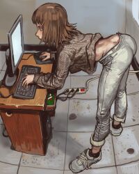 Rule 34 | 1girl, ass, bent over, borrowed character, brown hair, brown sweater, butt crack, computer, desk, highres, indoors, keyboard (computer), monitor, mossacannibalis, mouse (computer), mousepad (object), original, pants, solo, sweater, tile floor, tiles, white footwear, white pants