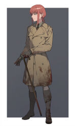 Rule 34 | 1girl, alternate costume, black necktie, blood, blood on clothes, blood on gloves, blood on shoes, border, braid, braided ponytail, brown coat, cane, chainsaw man, closed mouth, coat, collared shirt, commentary, english commentary, full body, gloves, grey background, grey gloves, highres, holding, holding cane, jason kim, long sleeves, looking away, makima (chainsaw man), medium hair, necktie, red hair, shirt, sidelocks, smile, solo, standing, trench coat, white border, white shirt, yellow eyes