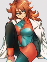 Rule 34 | 1girl, android 21, arm support, black-framed eyewear, black pantyhose, blue eyes, breasts, checkered clothes, checkered dress, closed mouth, dragon ball, dragon ball fighterz, dress, earrings, glasses, grey background, hair between eyes, hoop earrings, jewelry, kemachiku, lab coat, large breasts, long hair, looking at viewer, pantyhose, red footwear, red hair, simple background, sitting, smile, solo