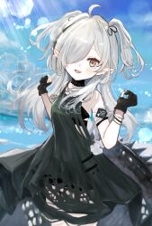 Rule 34 | 1girl, :d, ahoge, arknights, bare shoulders, black dress, black gloves, blue sky, blush, brown eyes, choker, cowboy shot, crocodilian tail, day, dress, gloves, grey hair, hair over one eye, highres, kataageteto, light rays, long hair, looking at viewer, open mouth, outdoors, partially fingerless gloves, pointy ears, sky, sleeveless, sleeveless dress, smile, solo, standing, sunbeam, sunlight, tail, tomimi (arknights), two side up, w arms, white hair