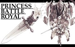 Rule 34 | 1girl, armor, bare shoulders, belt, belt buckle, black legwear, breasts, buckle, cleavage, dress, earrings, floating, gauntlets, greaves, helmet, highres, holding, holding sword, holding weapon, jewelry, knight, large breasts, long hair, monochrome, oversized clothes, ponytail, princess battle royale, shoes, smile, spirit, sword, tiara, tsuyoshi takaki, weapon, winged footwear, wings