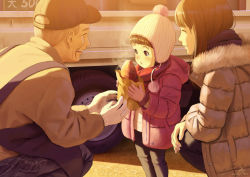 Rule 34 | 1boy, 2girls, black pants, blowing, brown eyes, brown hair, child, closed mouth, coat, food, fur trim, highres, holding, holding food, mother and daughter, multiple girls, old, old man, open mouth, original, pants, papi (papiron100), parted lips, pink headwear, roasted sweet potato, short hair, smile, squatting, sunset, sweet potato