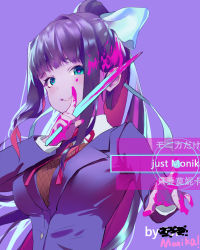 Rule 34 | 1girl, blazer, blood, blood in hair, blood on face, blood on hands, bloody knife, blunt bangs, bow, breasts, brown hair, buttons, closed mouth, collared shirt, doki doki literature club, green eyes, hair bow, heart, heart-shaped pupils, high ponytail, highres, holding, holding knife, jacket, knife, large breasts, long hair, long sleeves, looking at viewer, monika (doki doki literature club), neck ribbon, pink blood, purple background, purple jacket, red ribbon, ribbon, school uniform, shirt, smile, symbol-shaped pupils, white bow
