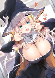 Rule 34 | 1girl, bat hair ornament, black dress, blue eyes, blush, breasts, claw pose, cleavage, commentary request, cross, detached sleeves, dress, elf, frills, hair ornament, halloween, halloween costume, hands up, hat, highres, large breasts, long hair, looking at viewer, open mouth, original, pointy ears, smile, solo, suzui narumi, upper body, witch hat