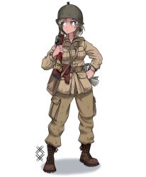 Rule 34 | 1girl, ammunition pouch, blonde hair, blue eyes, boots, brown footwear, brown jacket, brown pants, closed mouth, combat boots, cross-laced footwear, french army, full body, gun, hat, helmet, holding, holding gun, holding paper, holding weapon, holster, jacket, lace-up boots, long sleeves, m1 carbine, military, military hat, military jacket, military uniform, original, ostwindprojekt, pants, paper, pouch, simple background, solo, uniform, weapon, white background