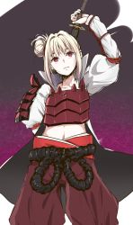 Rule 34 | 1girl, absurdres, armor, belt, blonde hair, breastplate, collarbone, copyright notice, cowboy shot, haine, hair bun, highres, holding, holding sword, holding weapon, japanese armor, kote, long jacket, loose pants, navel, open mouth, red eyes, rope, sheath, sheathed, shoulder armor, simple background, single hair bun, sode, solo, standing, stomach, sword, unsheathing, weapon