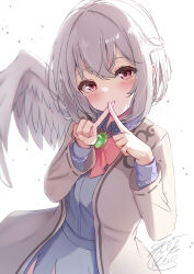 Rule 34 | 1girl, absurdres, blush, closed mouth, dress, feathered wings, grey hair, grey jacket, highres, jacket, kishin sagume, long sleeves, niko kusa, open clothes, open jacket, purple dress, red eyes, short hair, signature, single wing, solo, touhou, upper body, white background, white wings, wings, x fingers