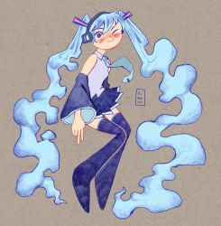 Rule 34 | 1girl, absurdly long hair, aqua hair, aqua necktie, black skirt, blush, boots, brown background, collared shirt, detached sleeves, floating neckwear, grey shirt, hatsune miku, headphones, highres, hikadoodoo, long hair, looking at viewer, necktie, one eye closed, pleated skirt, shirt, simple background, skirt, sleeveless, sleeveless shirt, smile, solo, thigh boots, thighhighs, twintails, very long hair, vocaloid