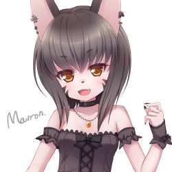 Rule 34 | 1girl, animal ears, artist name, bare shoulders, brown hair, collar, collarbone, cross, cross earrings, dog ears, dog girl, dog tail, dress, earrings, eyebrows, facial mark, fang, flower, furry, furry female, jewelry, looking at viewer, maron (1212ama), nail polish, necklace, open mouth, original, rose, signature, simple background, smile, solo, strapless, strapless dress, tail, upper body, white background, wrist cuffs, yellow eyes