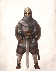 Rule 34 | 1boy, absurdres, armor, axe, belt pouch, chainmail, gloves, helmet, highres, holding, holding weapon, ironlily, leg wrap, male focus, medieval, original, pouch, scabbard, sheath, shield, solo, standing, viking, weapon