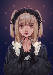 Rule 34 | 1girl, amane misa, black dress, black ribbon, blonde hair, brown eyes, choker, death note, dress, expressionless, frills, gothic lolita, gradient background, hairband, hands up, highres, lips, lolita fashion, lolita hairband, long hair, long sleeves, looking at viewer, own hands clasped, own hands together, purple background, rei (tdn ng), ribbon, solo, twintails, upper body, wide sleeves