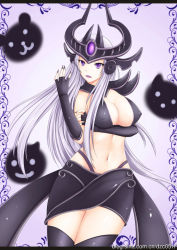 Rule 34 | 1girl, breasts, cheng, cleavage, elbow gloves, fingerless gloves, forehead protector, gloves, helmet, large breasts, league of legends, long hair, purple eyes, silver hair, solo, syndra